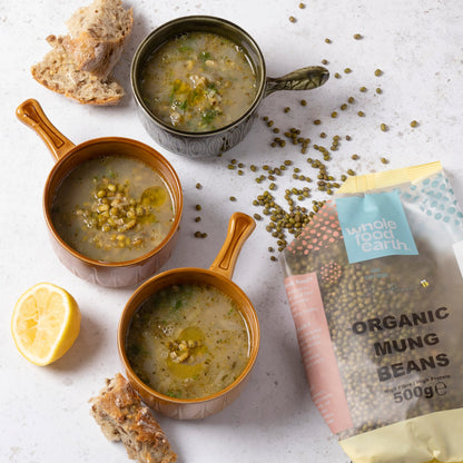 Organic Mung Beans from Whole Food Earth in a bowl with fresh vegetables, showcasing healthy beans and pulses for nutritious cooking.