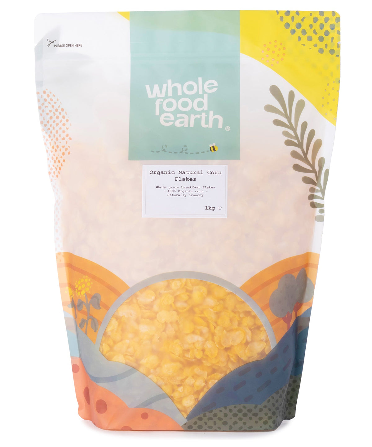 Organic natural corn flakes cereal from Whole Food Earth in a 1kg package, showing crispy golden flakes on a white background.