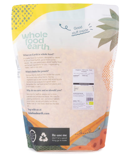 Organic natural corn flakes cereal by Whole Food Earth in a 1kg package, showing golden flakes in a clear bowl.