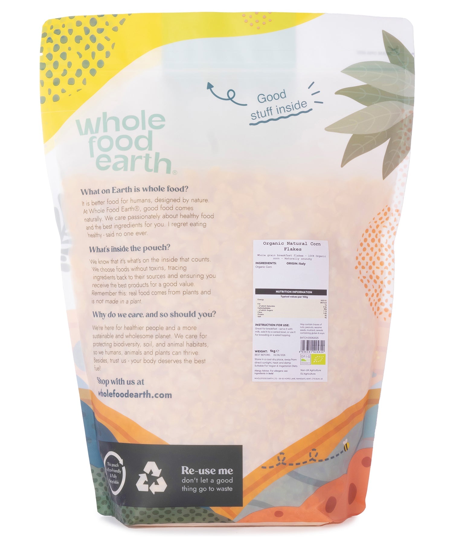 Organic natural corn flakes cereal from Whole Food Earth in a 1kg package, showing golden corn flakes in a bowl.