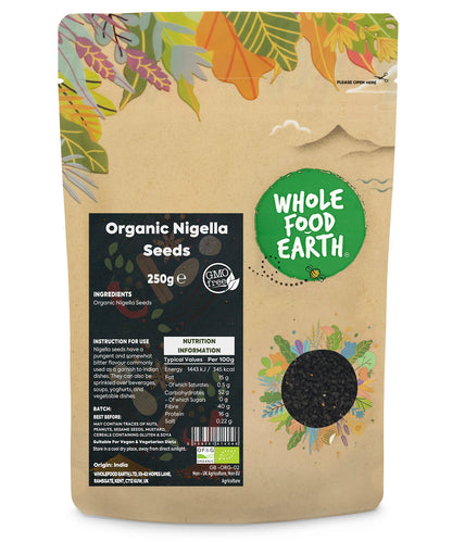 Organic Nigella seeds from Whole Food Earth, 250g, showing small black seeds used as herbs and spices in cooking and baking.