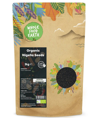 Organic Nigella seeds from Whole Food Earth, 2kg package, close-up of black seeds used as herbs and spices in cooking.