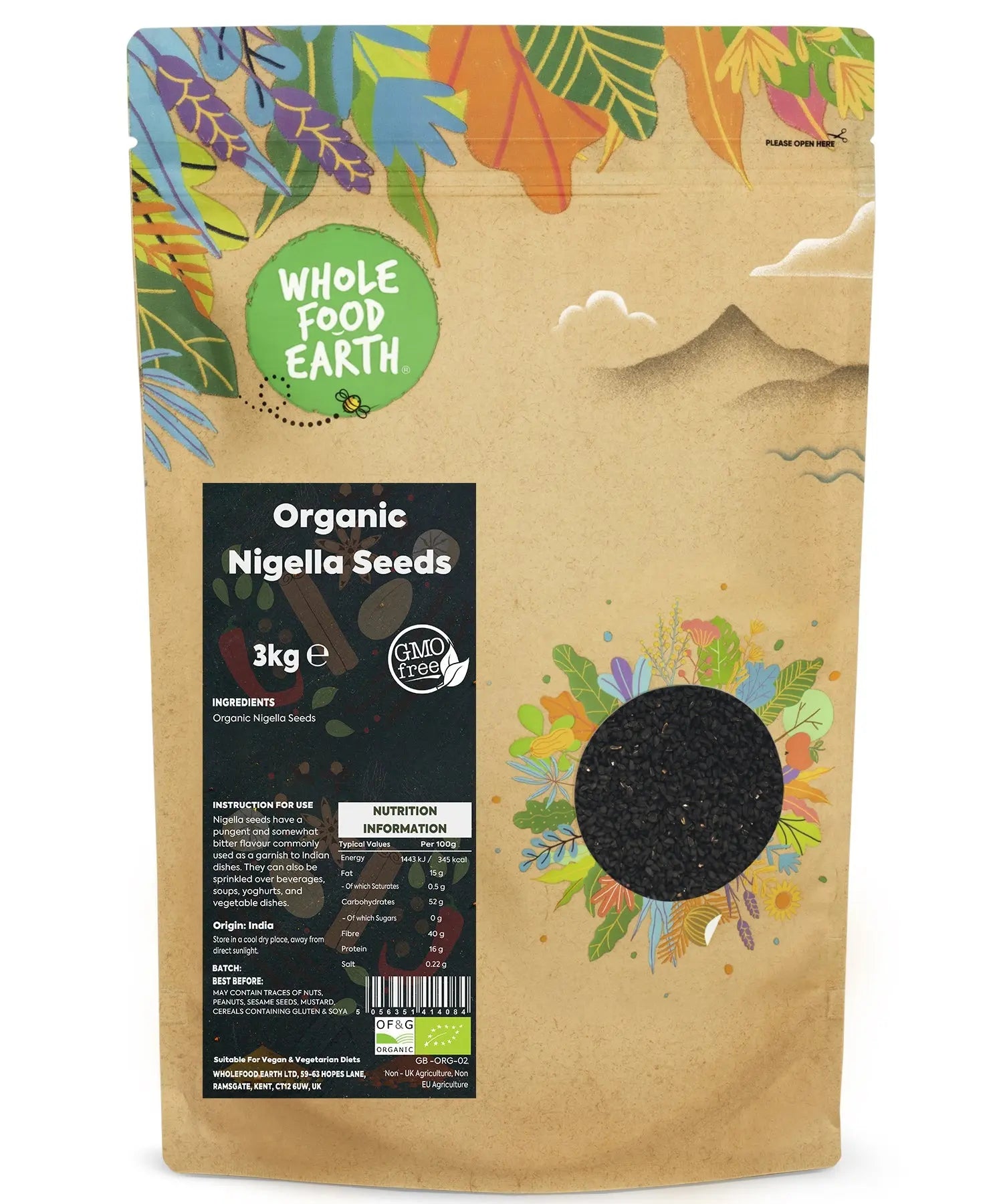 Organic Nigella seeds from Whole Food Earth in a 3kg bag, showing small black seeds used as herbs and spices in cooking.