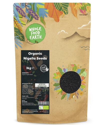 Organic Nigella Seeds from Whole Food Earth, 3kg bag, showing small black seeds commonly used as herbs and spices.