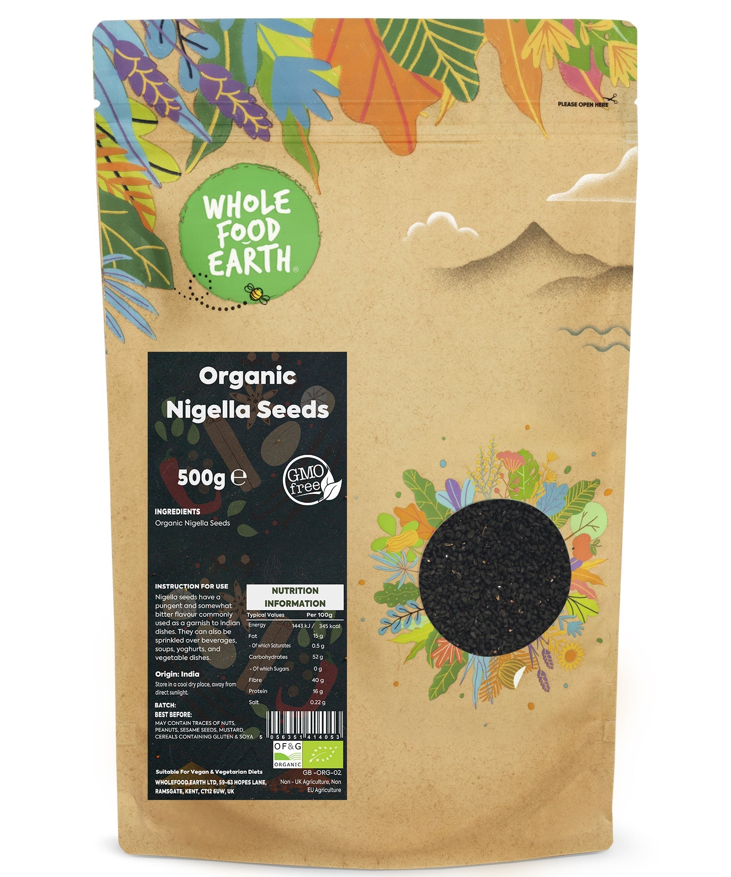 Organic Nigella seeds in a clear glass jar, showcasing small black seeds from Whole Food Earth herbs and spices collection.