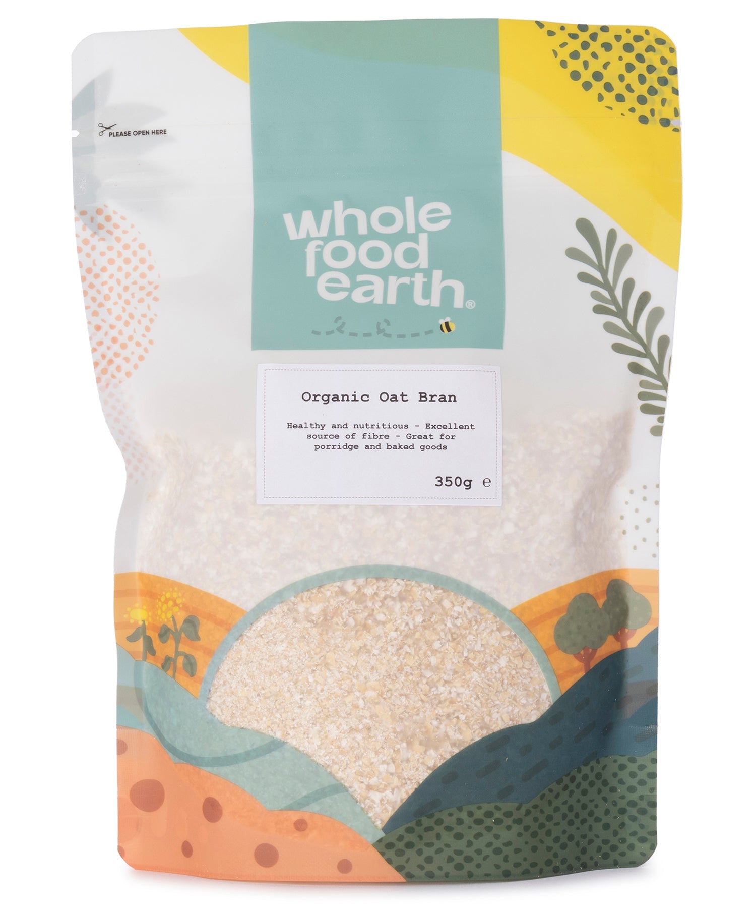 Organic oat bran cereal in a 350g package from Whole Food Earth, showing the light brown, textured oat bran product.