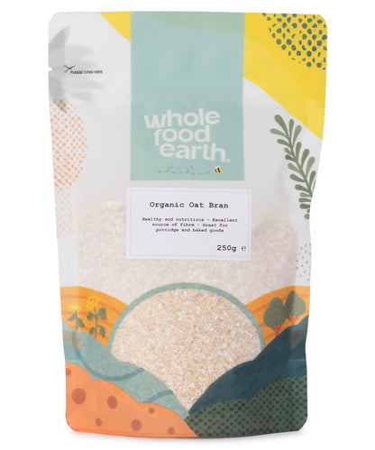 Organic oat bran cereal from Whole Food Earth in a 250g package, showing the textured oat bran grains.