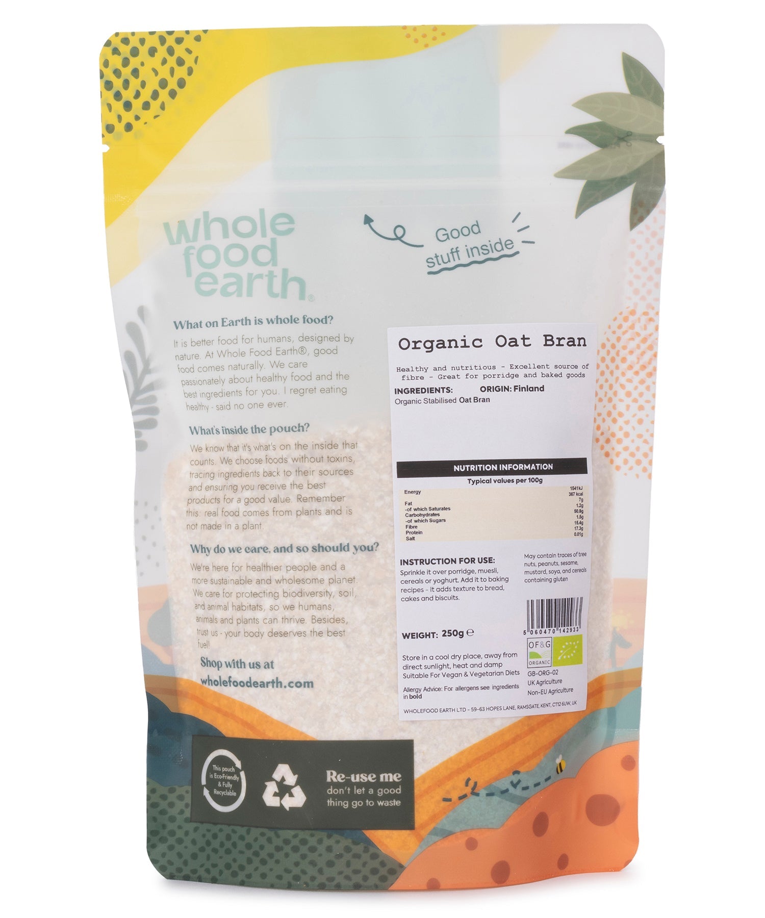 Organic oat bran cereal from Whole Food Earth in a 250g package, showing a close-up of the textured oat bran grains.