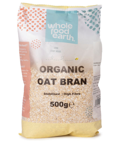 Organic oat bran cereal from Whole Food Earth in a 500g package, showing the wholesome, textured cereal product.