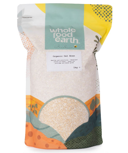 Organic oat bran cereal from Whole Food Earth in a 1kg package, showing a close-up of the textured oat bran grain.