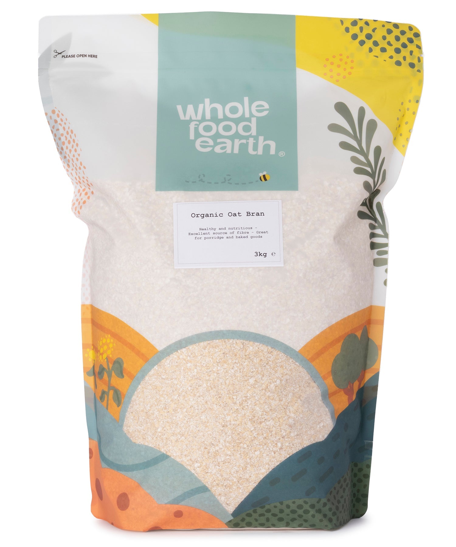 Organic oat bran cereal from Whole Food Earth, showing a close-up of the 3kg package with textured oat bran grains.