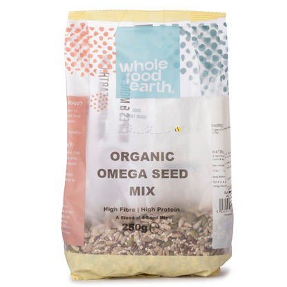 Organic Omega Seed Mix by Whole Food Earth featuring a blend of four nutritious seeds in a 250g package.