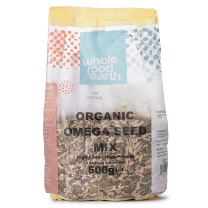 Organic Omega Seed Mix by Whole Food Earth featuring a blend of four nutritious seeds in a 500g package.