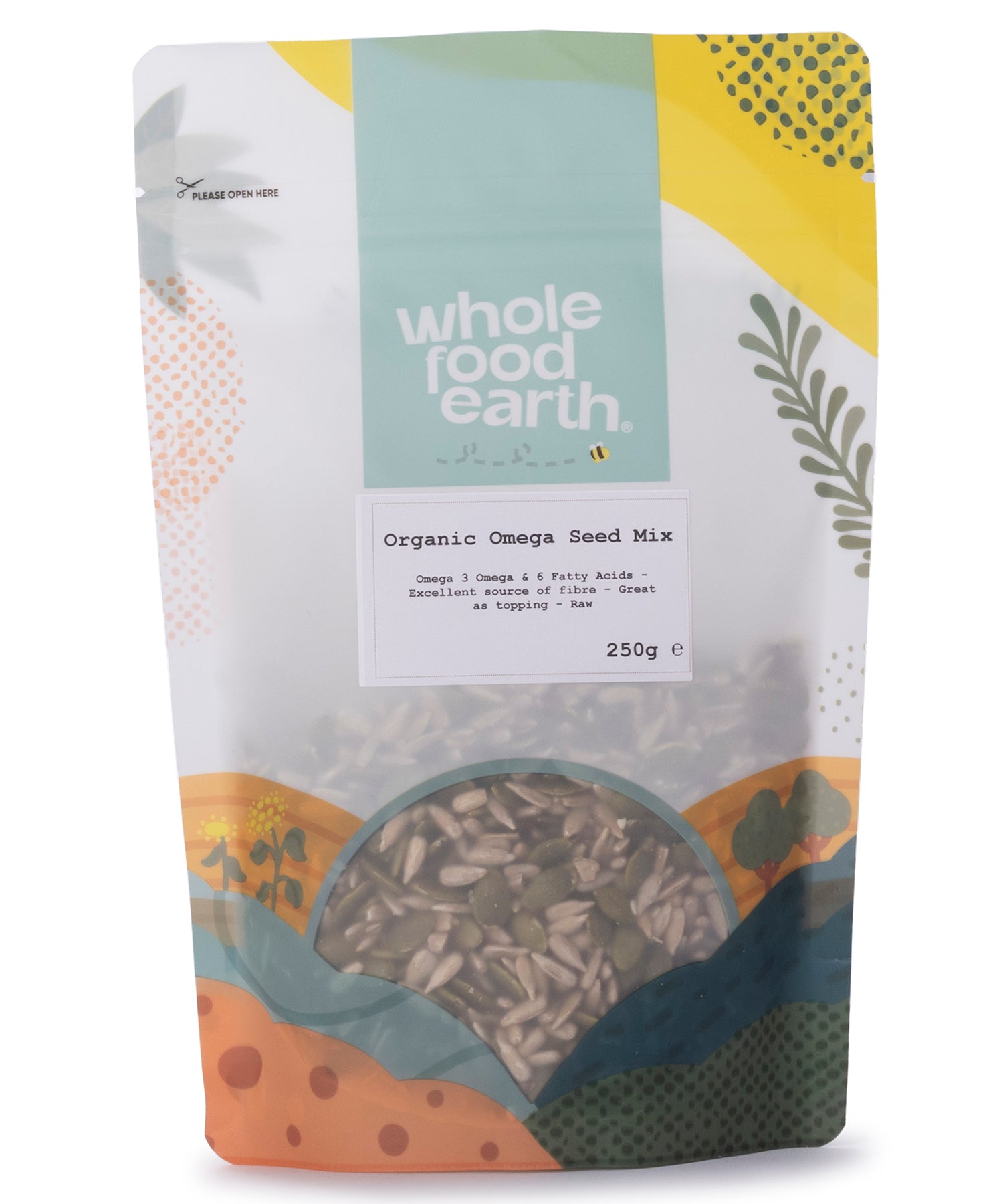 Organic Omega Seed Mix by Whole Food Earth featuring a blend of four nutritious seeds in a clear container.