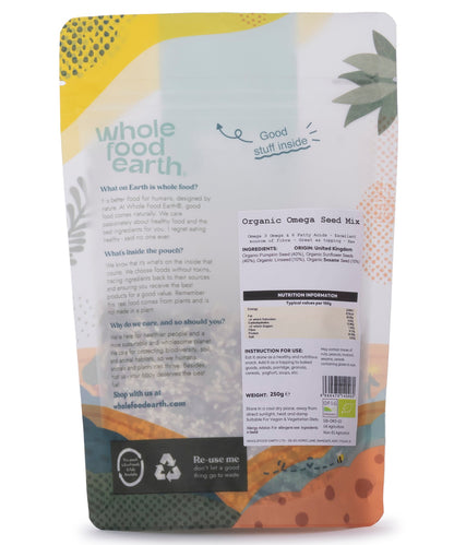 Organic Omega Seed Mix from Whole Food Earth featuring a colorful blend of nutritious seeds in a clear container.