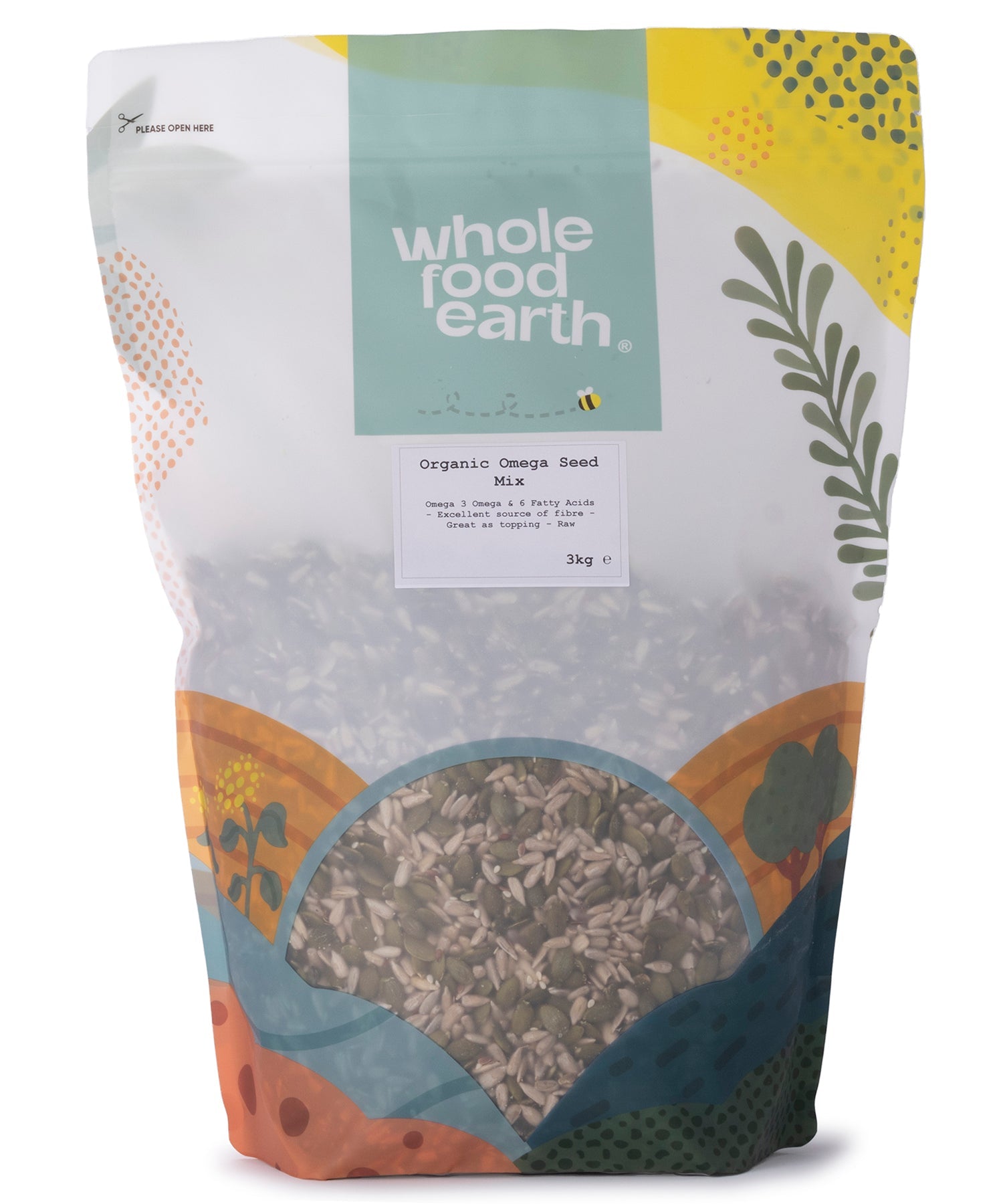 Organic Omega Seed Mix by Whole Food Earth featuring a colorful blend of nutritious seeds on a white background.