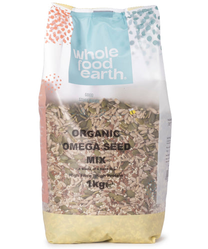Organic Omega Seed Mix by Whole Food Earth with a blend of nutritious seeds in a 1kg package.