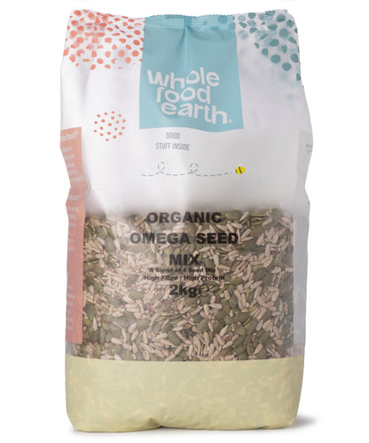 Organic Omega Seed Mix by Whole Food Earth featuring a colorful blend of various nutritious seeds in a clear bowl.