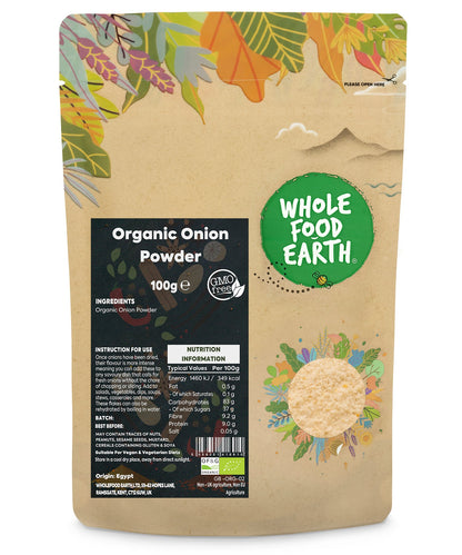 Organic onion powder from Whole Food Earth, in a 100g container, showing finely ground dried onion spice for cooking and seasoning.
