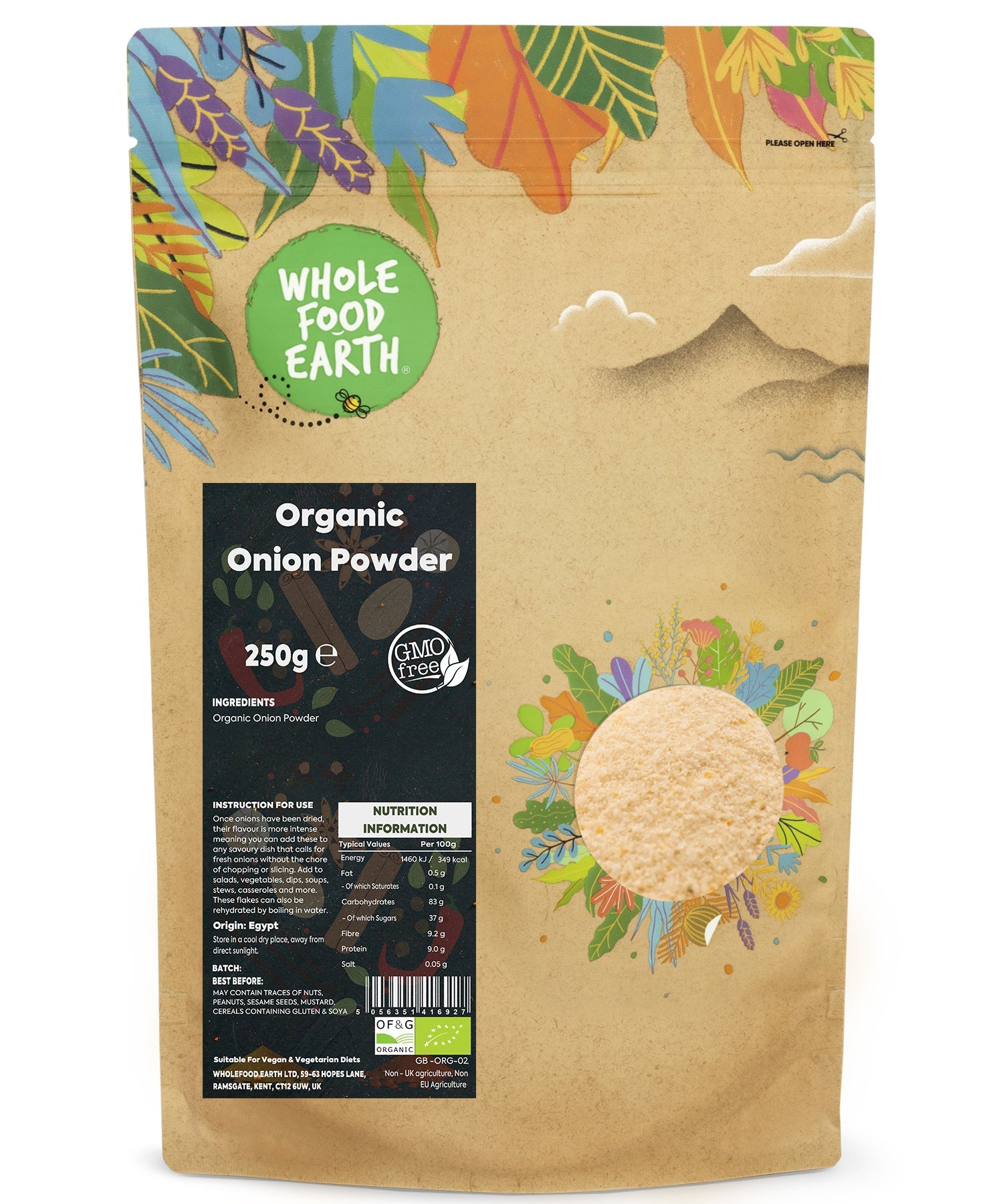 Organic onion powder in a 250g Whole Food Earth package, a natural herb and spice for cooking and seasoning.