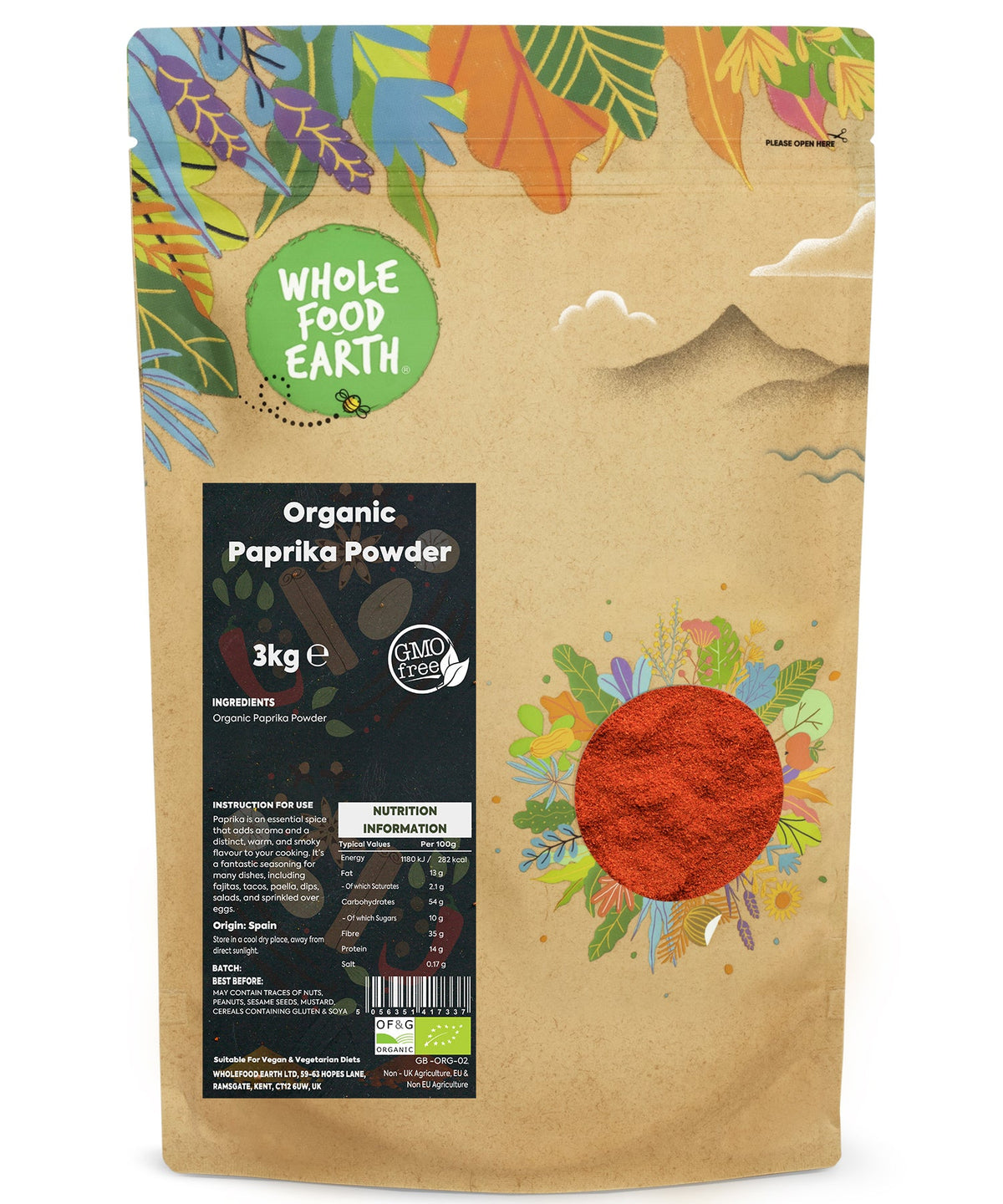 Organic paprika powder from Whole Food Earth in a 3kg bag, showing vibrant red, finely ground spice for herbs and spices use.
