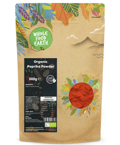 Organic paprika powder from Whole Food Earth, a vibrant red spice in a 500g container, perfect for seasoning dishes.