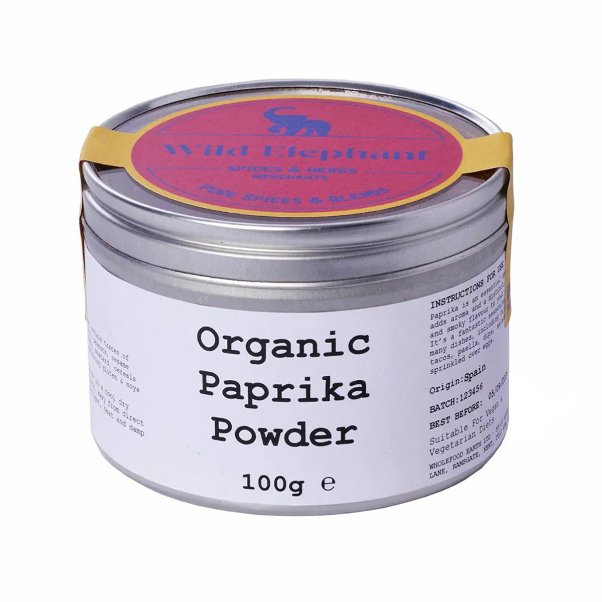 Organic paprika powder from Wild Elephant, a vibrant red herbs and spices product by Whole Food Earth, displayed in a jar.