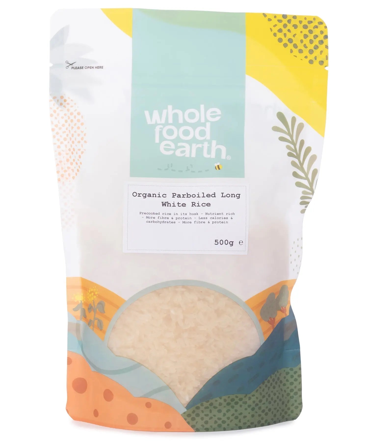 Organic Whole Food Earth parboiled long white rice grains in a 500g package, showcasing clean, uncooked rice with a smooth surface.