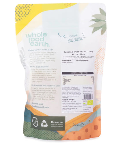 Organic Whole Food Earth parboiled long white rice grains in a 500g package, showing the clean, polished rice ready for cooking.