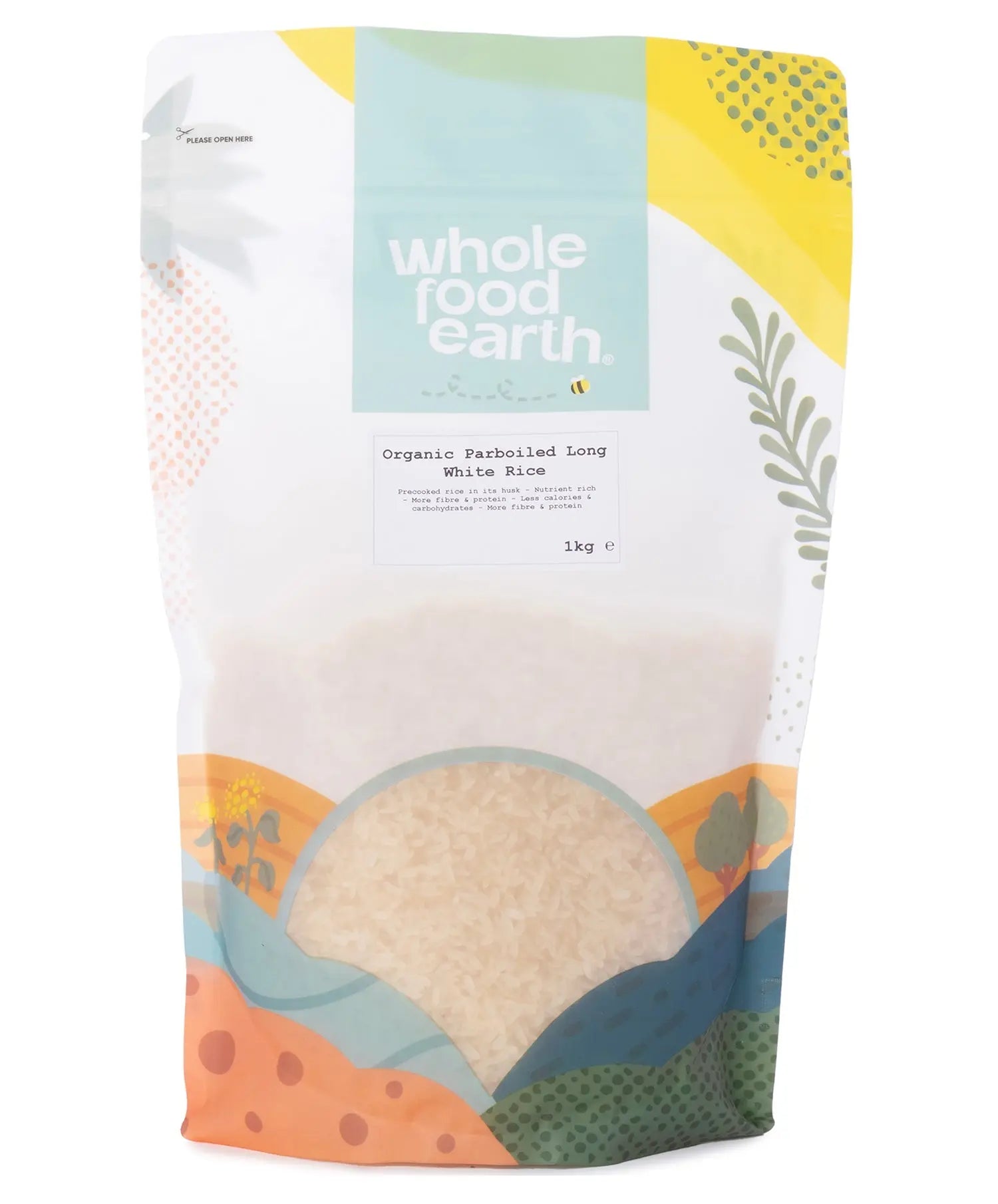 Organic Whole Food Earth parboiled long white rice in a 1kg bag, showcasing fluffy grains ready for cooking.