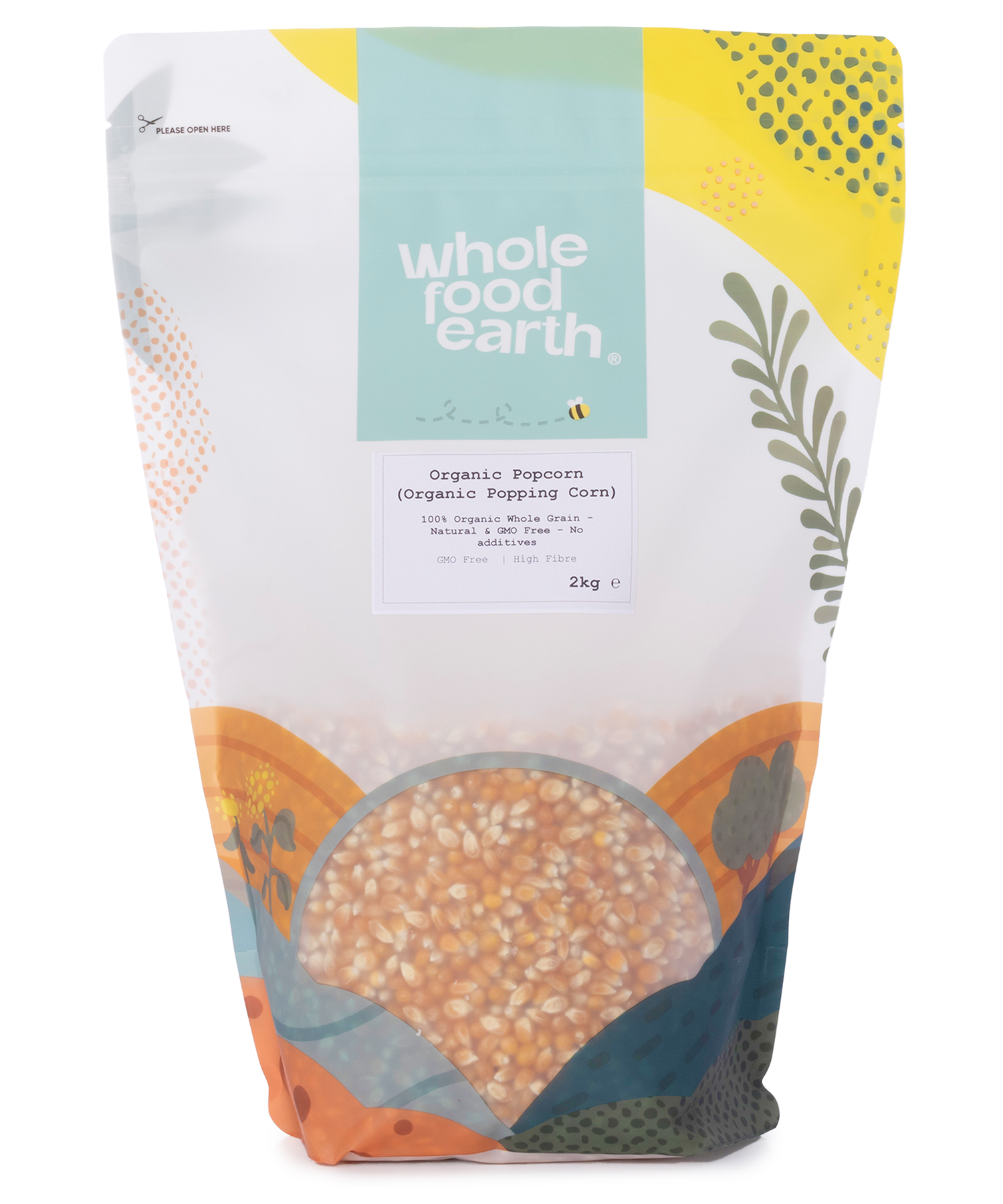 Organic popcorn from Whole Food Earth, 2kg bag, showing fresh, natural popcorn kernels ready for popping or cooking.