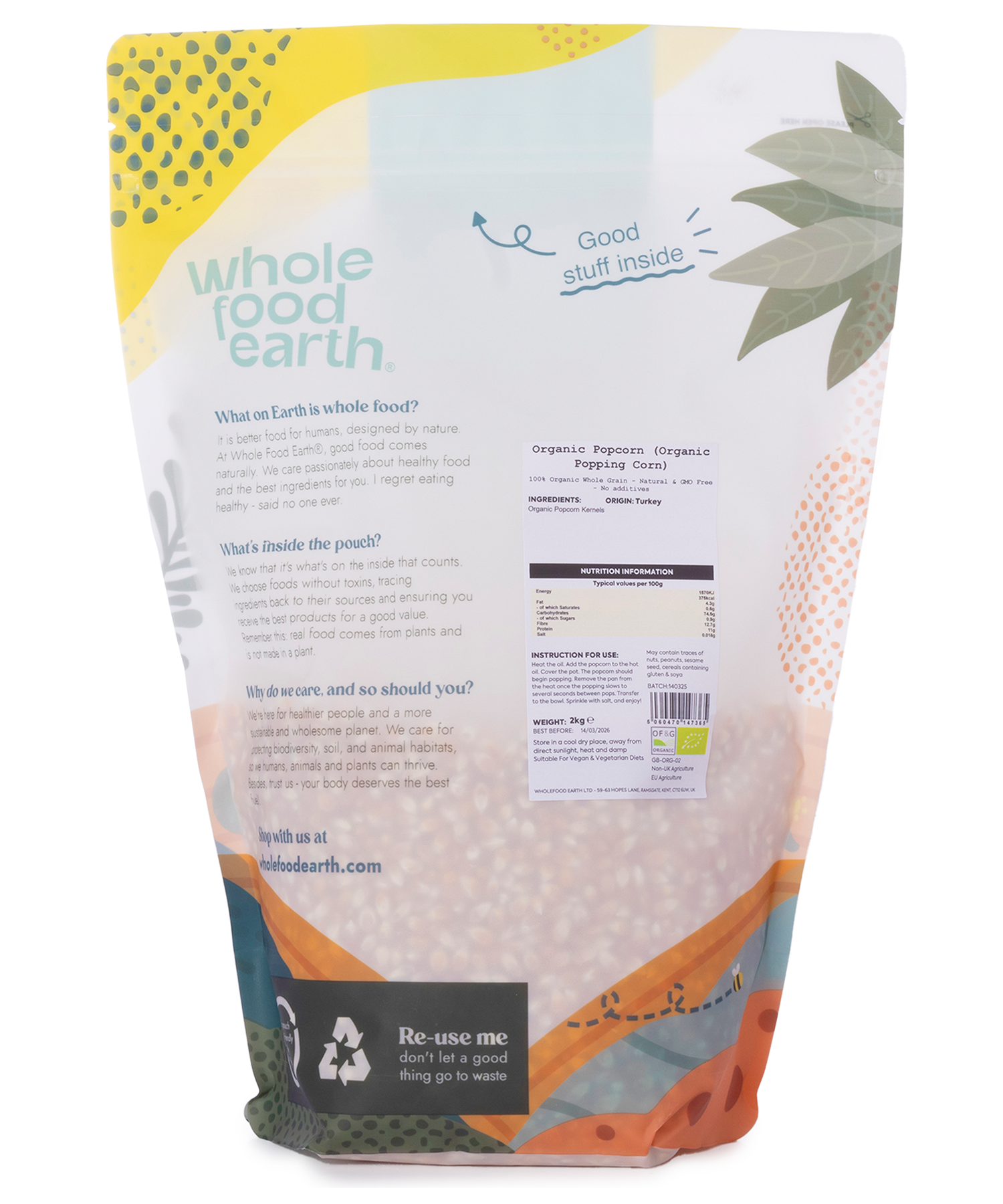Organic Whole Food Earth popcorn in a 2kg bag, showing fluffy popped kernels and raw popcorn grains on a white background.