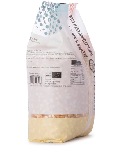 Organic popcorn in a 1kg bag from Whole Food Earth, featuring fresh, organic popcorn grains for healthy snacking.