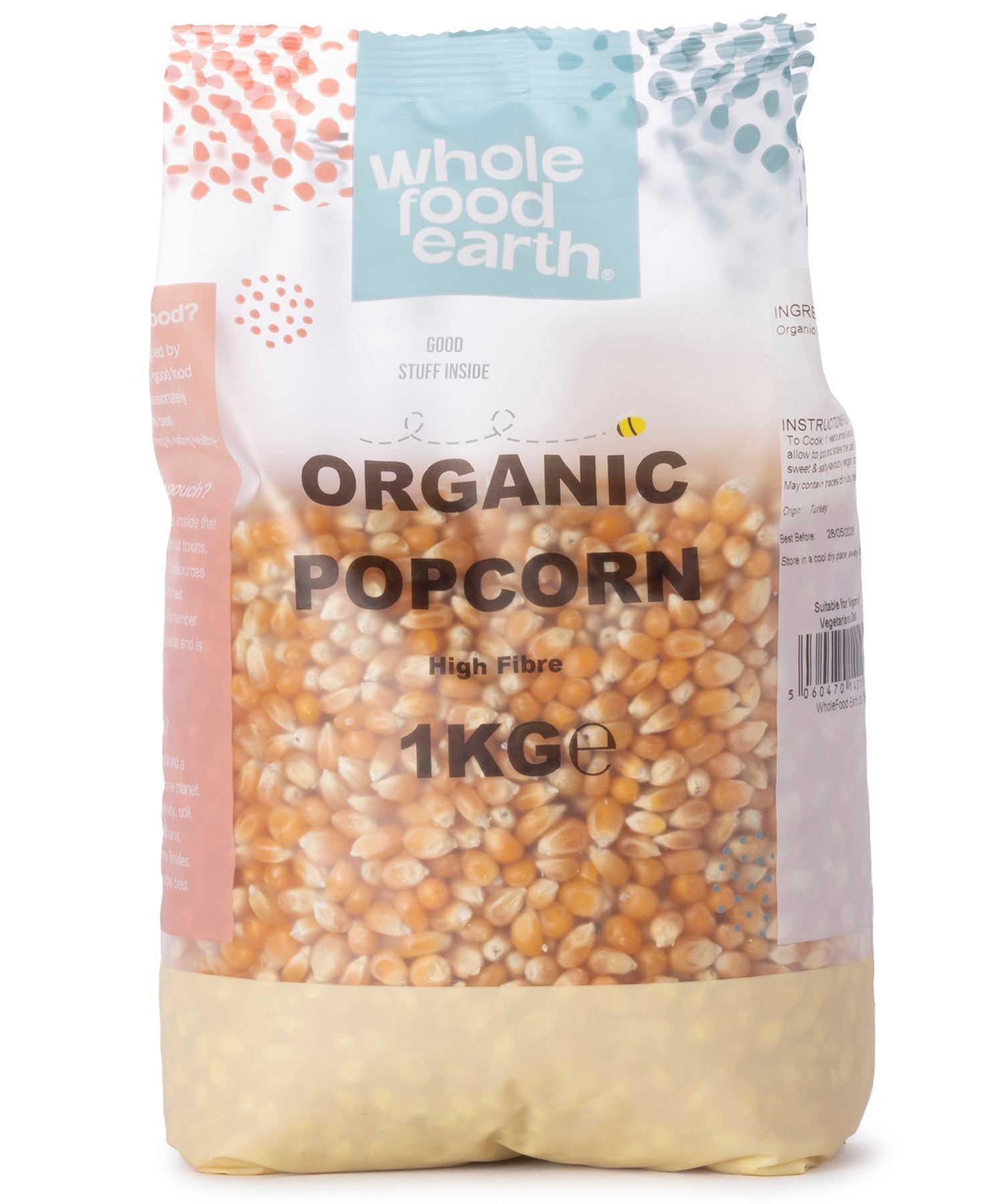 Whole Food Earth organic popcorn in a 1kg bag, fresh and natural popcorn grain for healthy snacking.