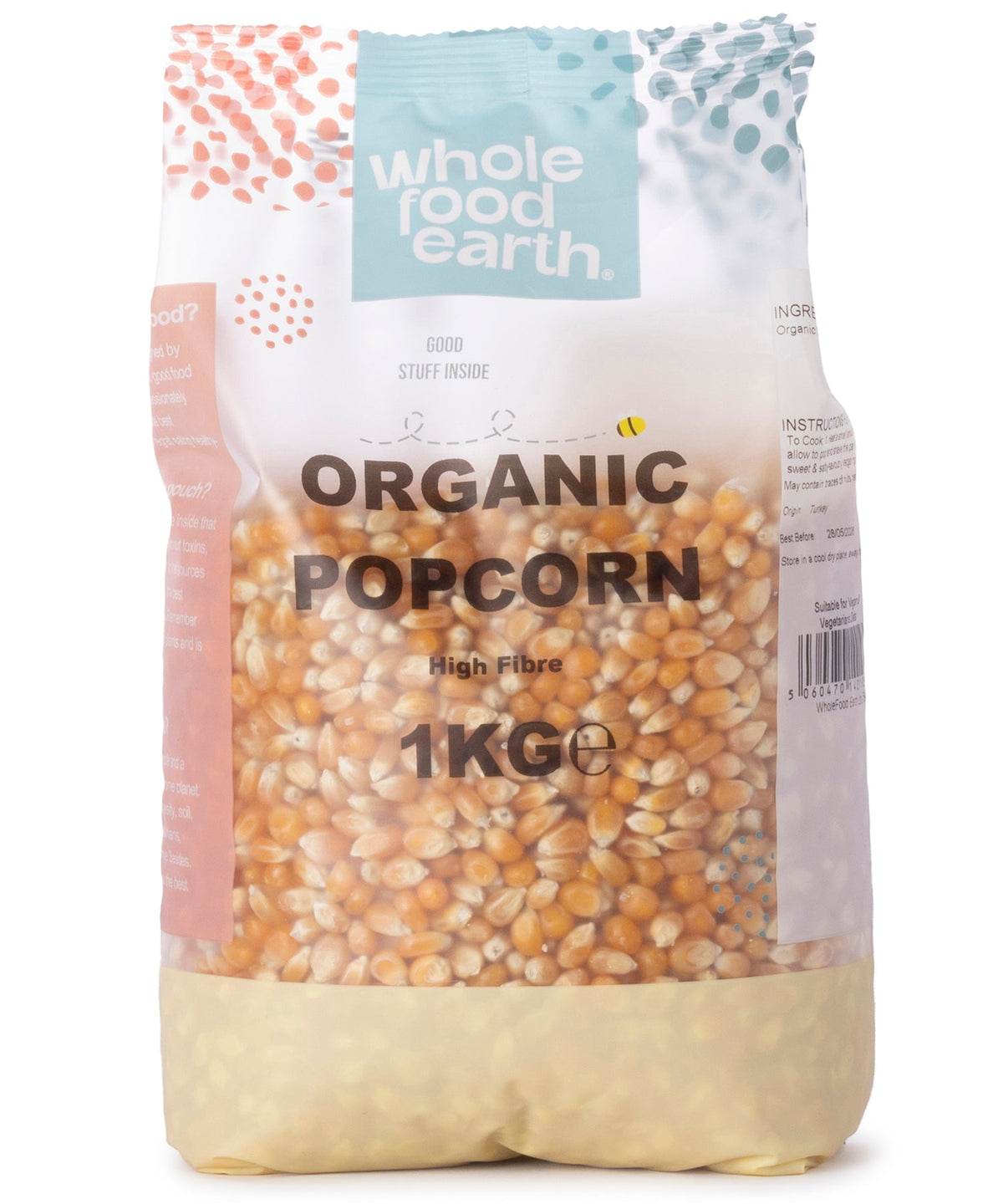 Organic popcorn from Whole Food Earth, 1kg bag, showing fresh, natural kernels ideal for healthy snacking.