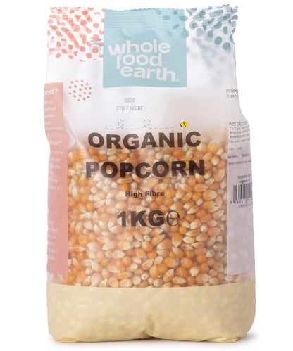 Organic popcorn from Whole Food Earth, 1kg bag, showing fresh, natural kernels ideal for healthy snacking.