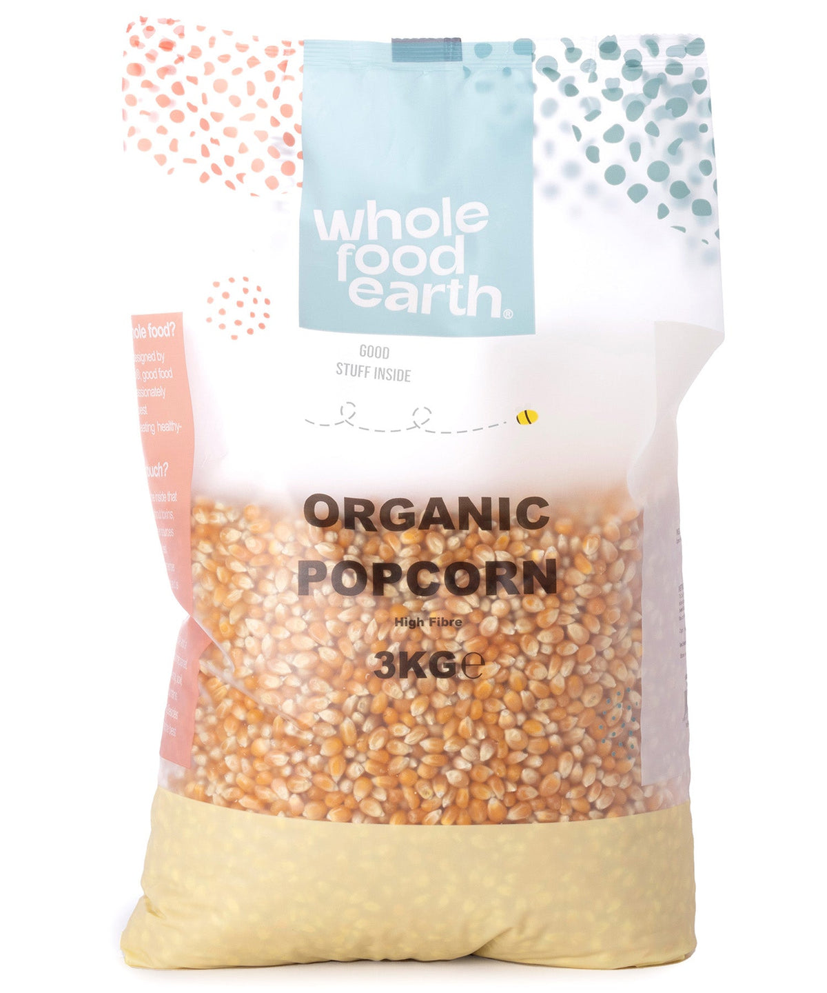 Organic popcorn in a clear bag from Whole Food Earth, showing golden kernels suitable for snacking or cooking.
