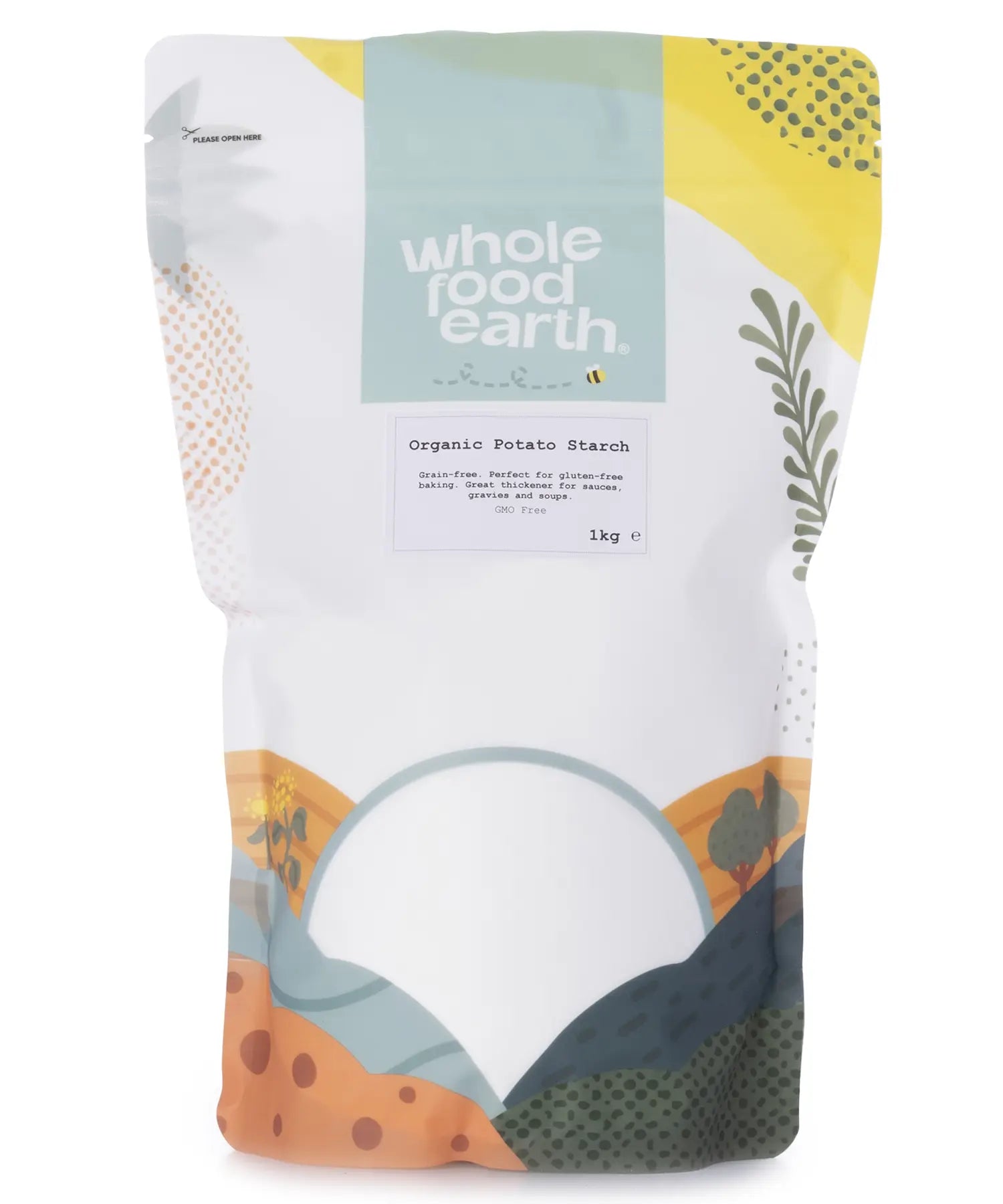 Organic potato starch in a 1kg bag from Whole Food Earth, a natural gluten-free flour for baking and cooking.