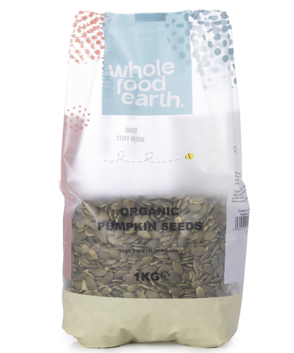 Organic pumpkin seeds from Whole Food Earth, 1kg bag of raw, green pumpkin seeds on a white background.