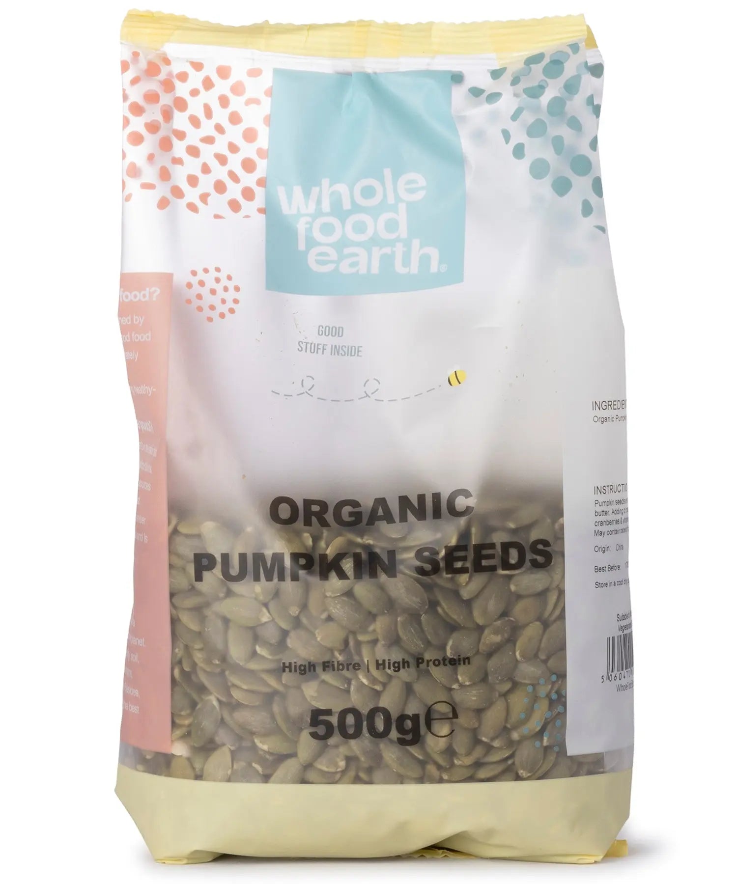 Organic pumpkin seeds from Whole Food Earth, 500g pack, showing greenish seeds in a clear bowl on a white background.