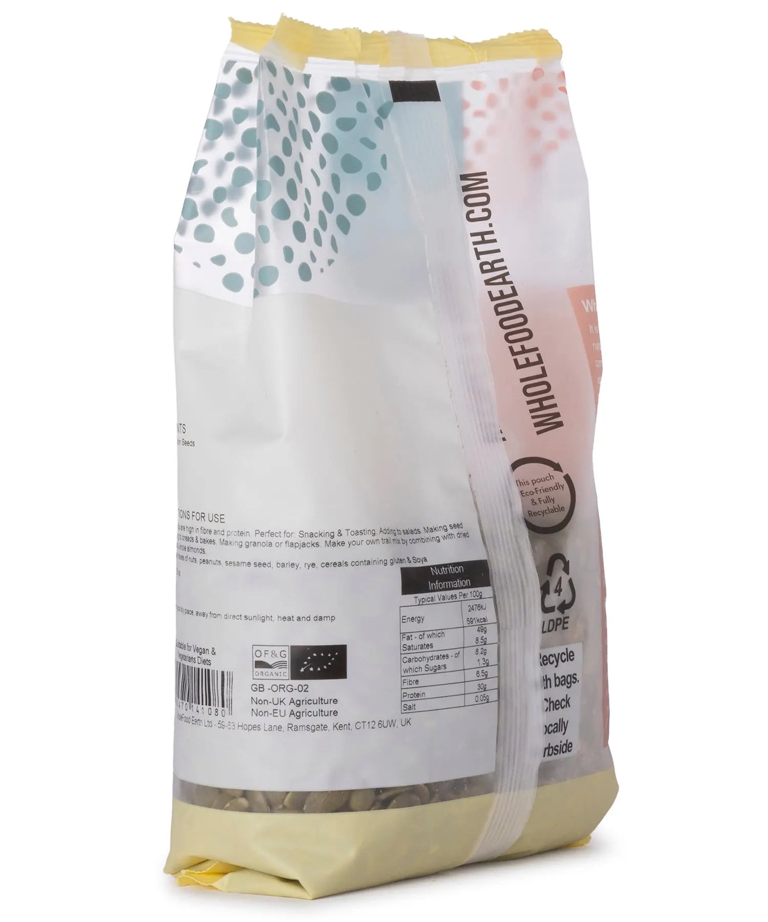 Organic pumpkin seeds from Whole Food Earth, 500g bag of raw, shelled nuts and seeds for snacking or cooking.