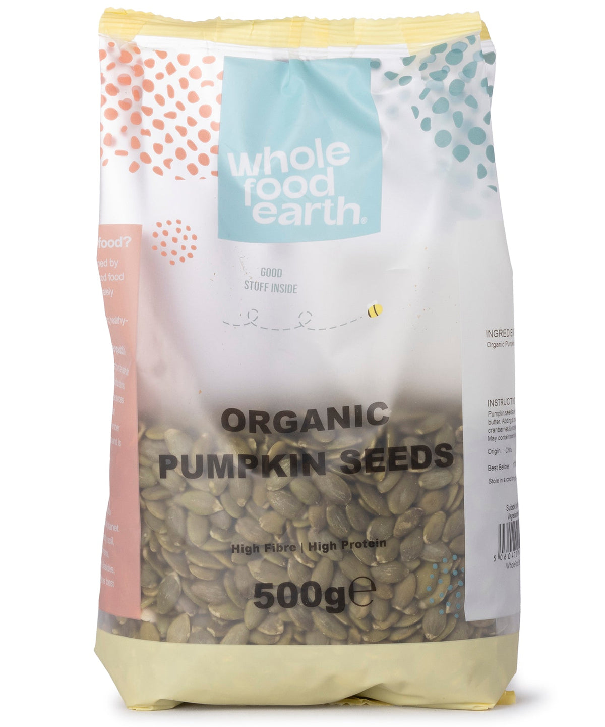 Organic pumpkin seeds from Whole Food Earth, small green seeds in a clear bag, ideal for snacking and baking.