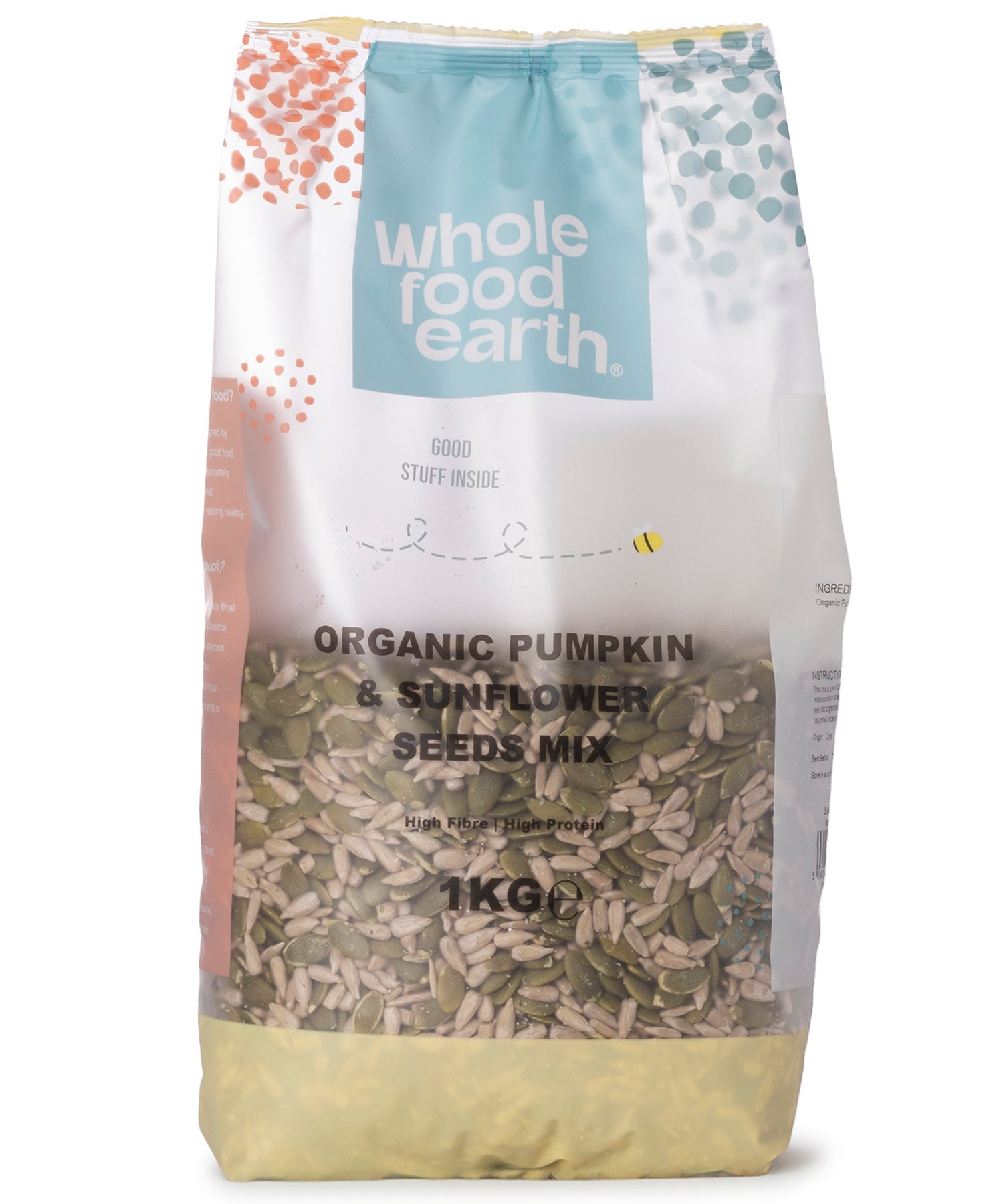 Organic Pumpkin and Sunflower Seeds Mix from Whole Food Earth, 1kg, showing a colorful blend of seeds in a clear bowl.