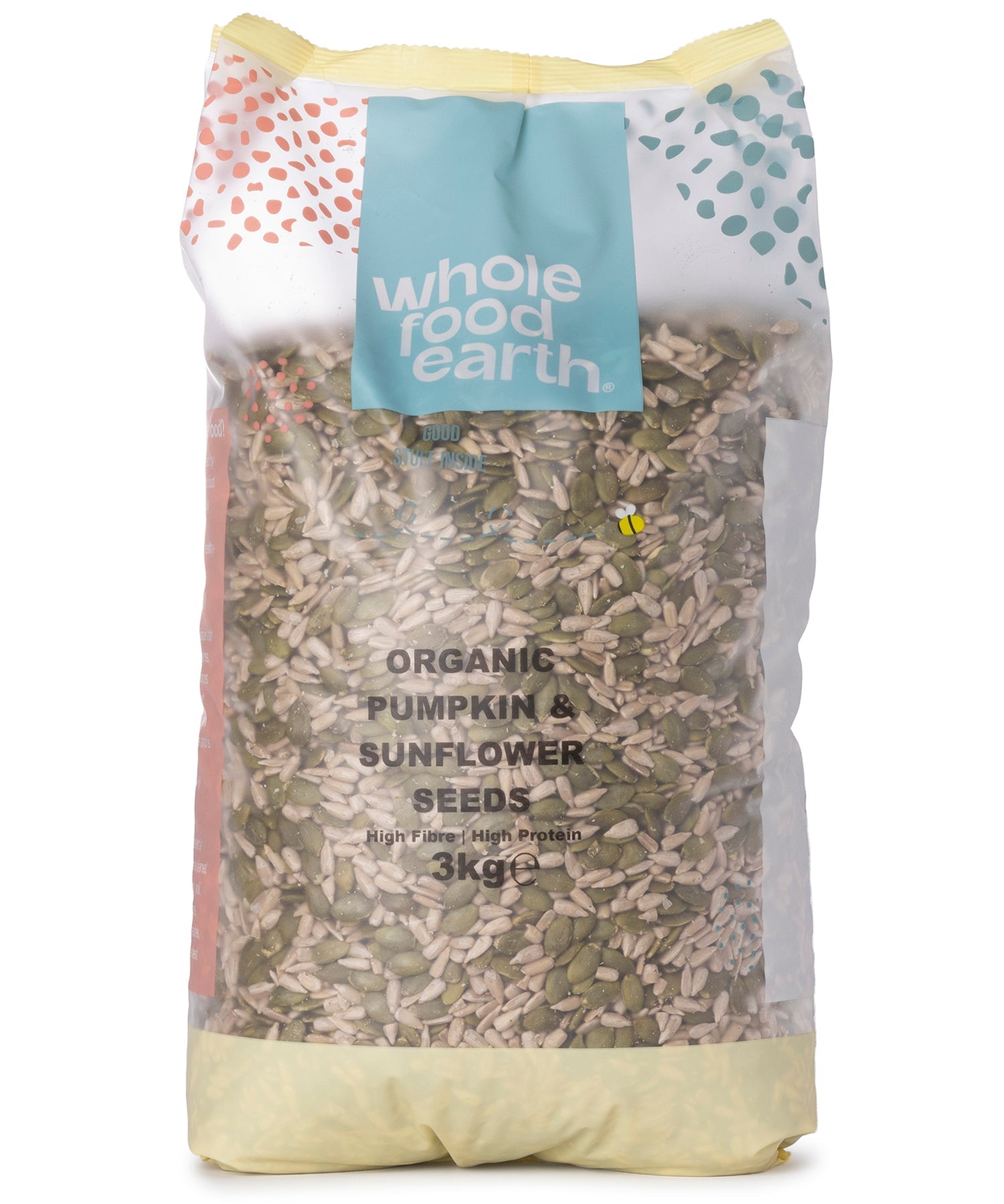 Organic pumpkin and sunflower seeds mix in a 3kg bag by Whole Food Earth, showcasing a blend of nuts and seeds.