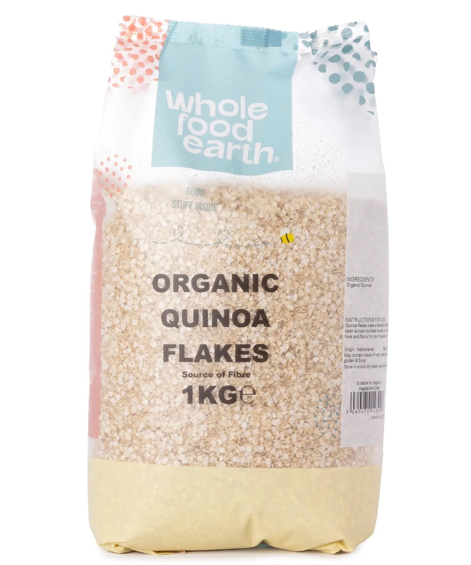 Organic quinoa flakes cereal from Whole Food Earth in a 1kg package, showing light, fluffy flakes on a white background.