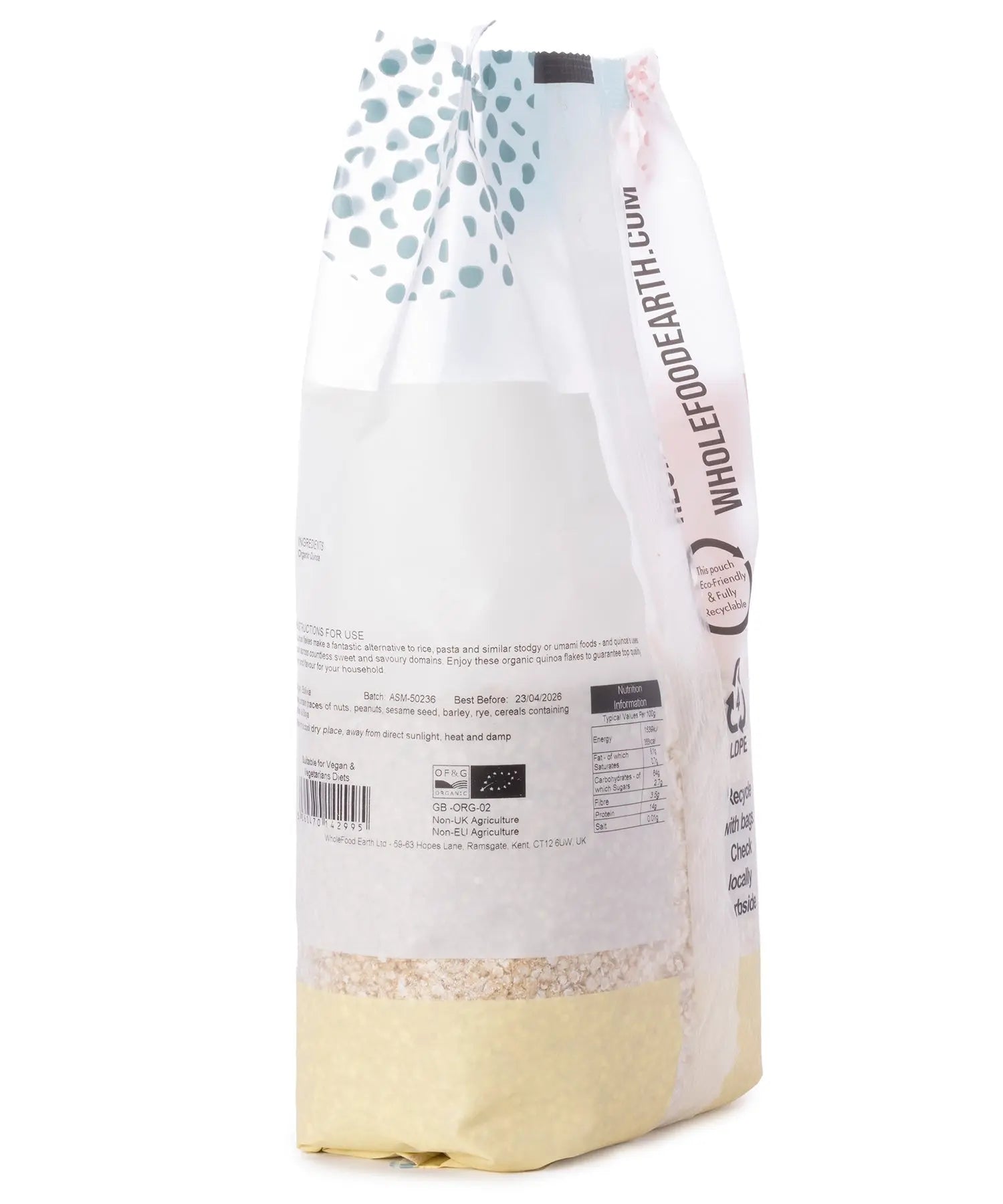 Organic quinoa flakes cereal from Whole Food Earth in a 500g package, showing light, fluffy flakes ready for breakfast.