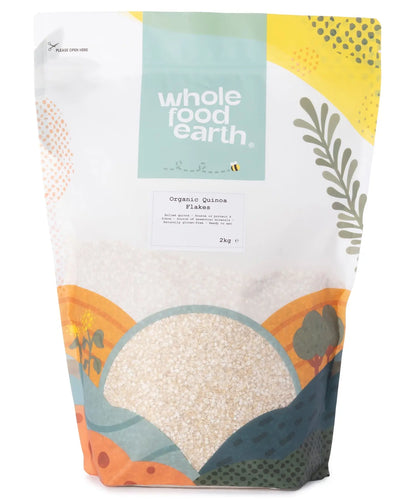 Organic quinoa flakes from Whole Food Earth in a 2kg package, showing the light, flaked cereal grains ready for breakfast.