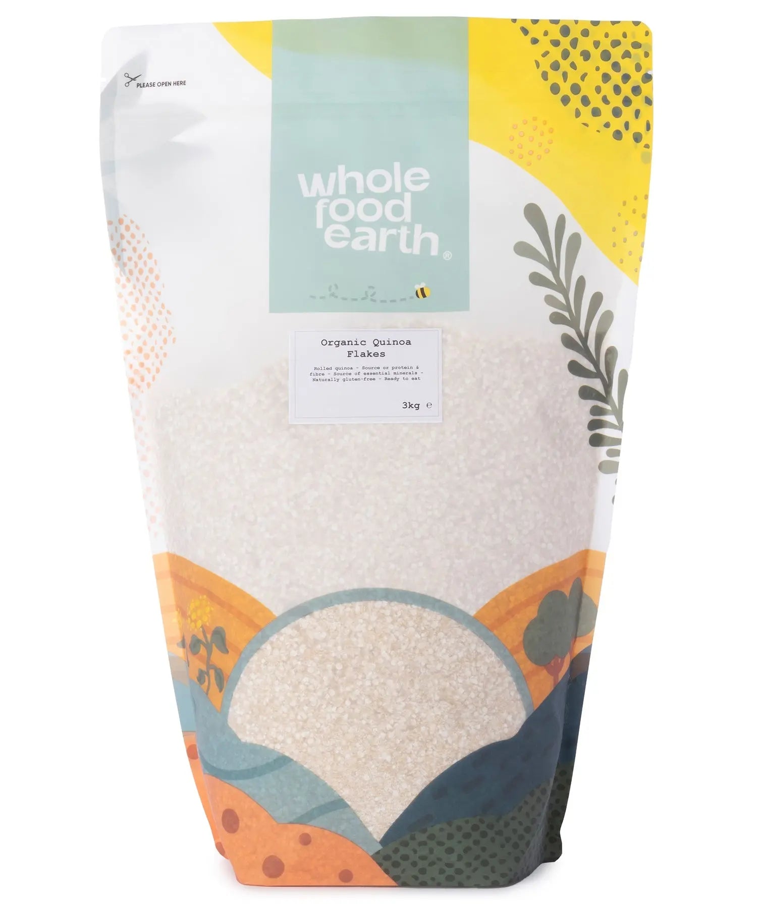 Organic quinoa flakes cereal from Whole Food Earth in a 3kg package, showing the flaky grains on a white background.