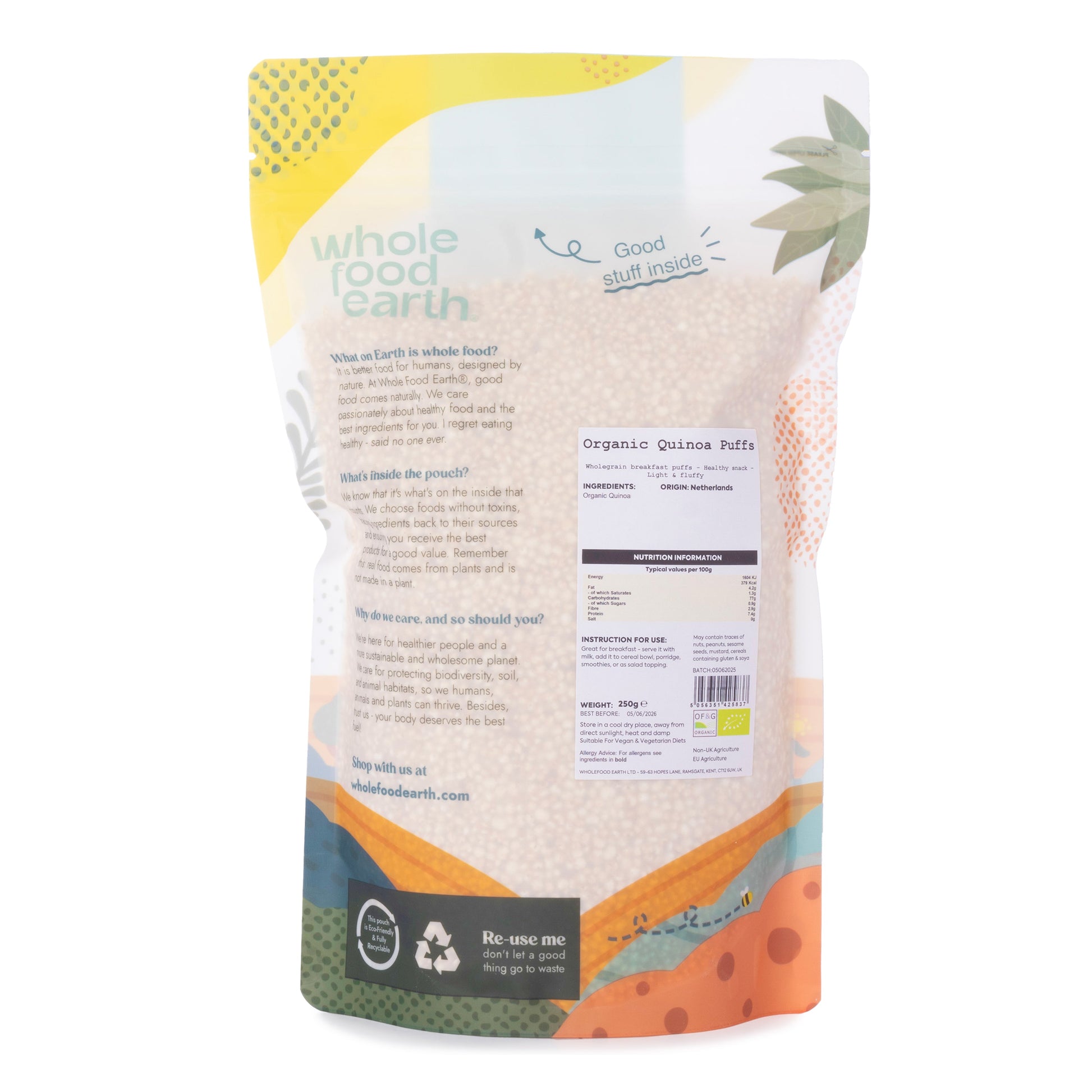 Organic quinoa puffs from Whole Food Earth, showing a close-up of light, crispy grain puffs in a clear bowl on a neutral background.