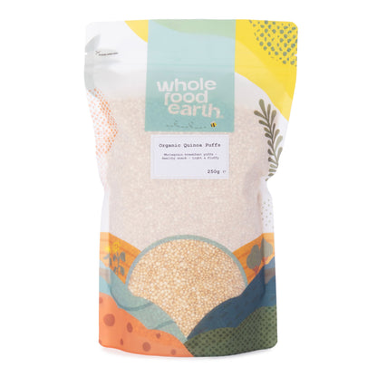 Organic Quinoa Puffs by Whole Food Earth in a 250g bag, showing crunchy, light quinoa cereal grains on the package.